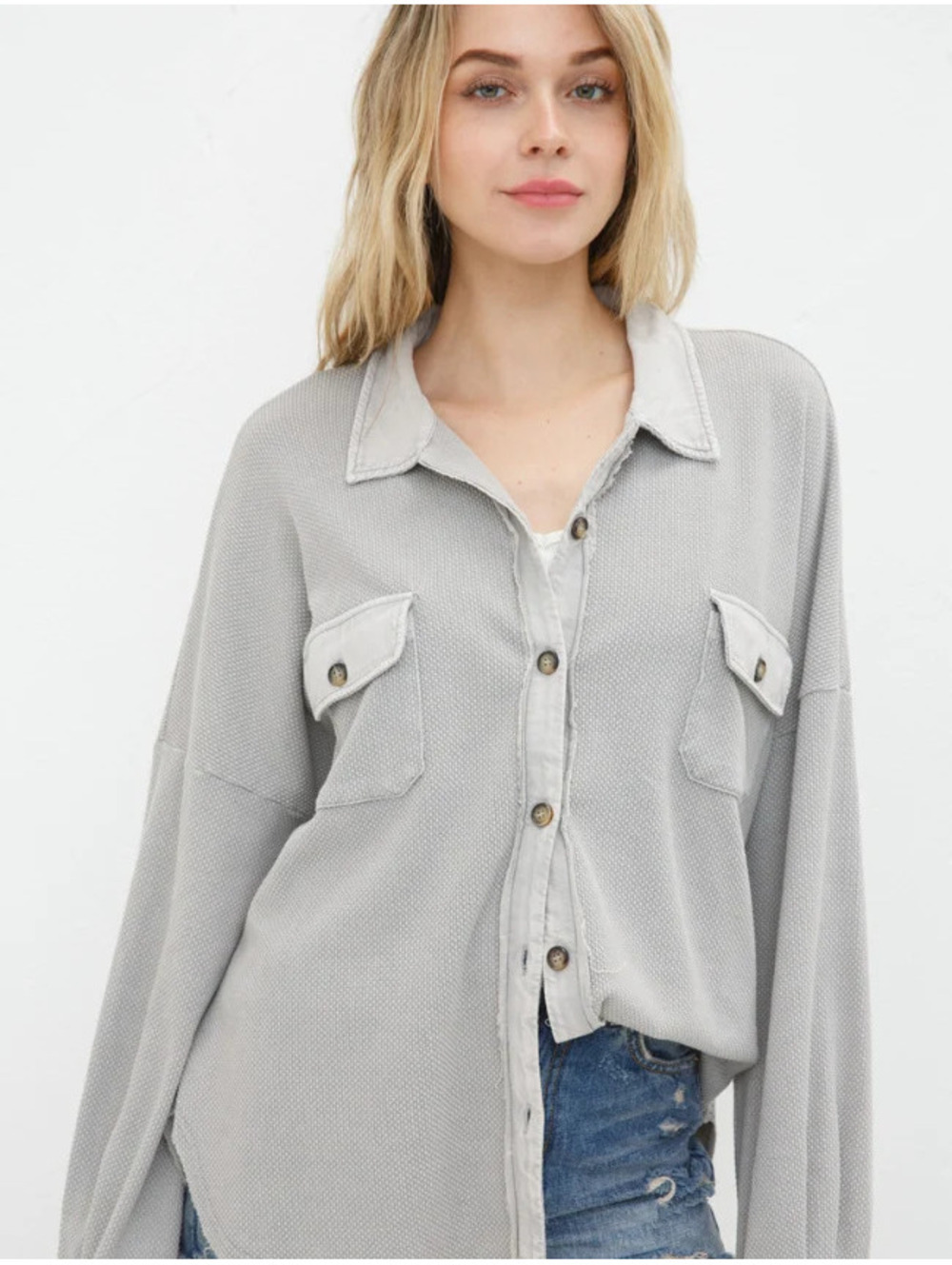 NWT Blue B Collection Medium Heather Grey Thermal Knit Button-Down Shacket Shirt
